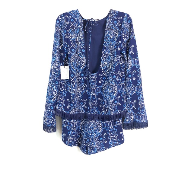 Mott 50 Chase the Sun SPF Blue & White Fringe NEW Bohemian Swim Fashion Romper - Picture 7 of 10